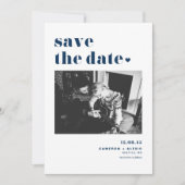 Modern Navy Blue Bold Typografie met hartfoto Save The Date (Voorkant)