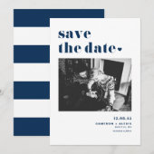 Modern Navy Blue Bold Typografie met hartfoto Save The Date (Voorkant / Achterkant)
