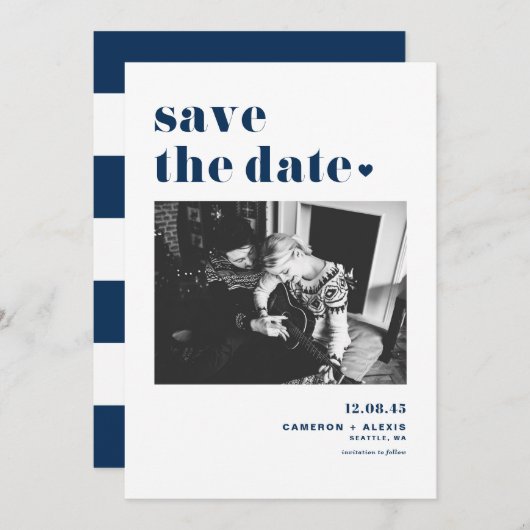 Modern Navy Blue Bold Typografie met hartfoto Save The Date (Voorkant / Achterkant)