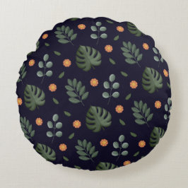 Modern Navy Blue Botanical Leaf Round Pillow Rond Kussen
