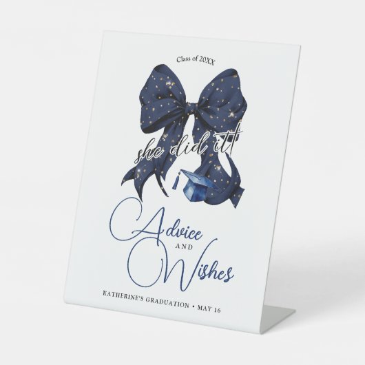 Modern Navy Blue Bow Afstuderen Advies en wensen Reclamebord Met Voetstuk (Voorkant)