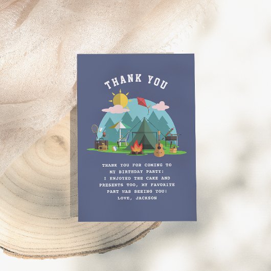 Modern Navy Blue Boy Camp Out Birthday Party Bedankkaart