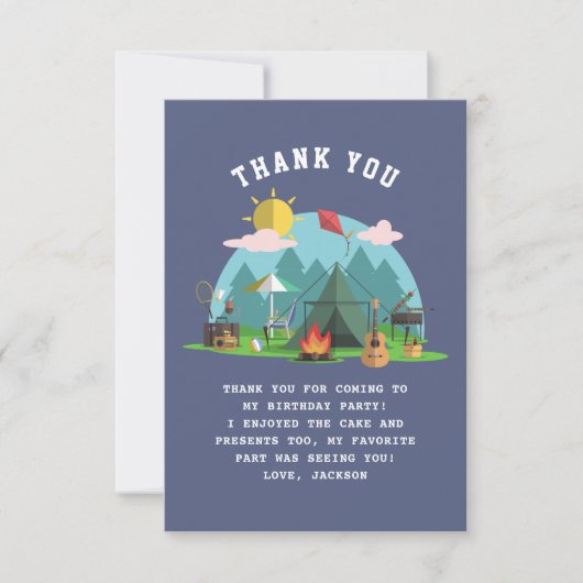 Modern Navy Blue Boy Camp Out Birthday Party Bedankkaart (Voorkant)