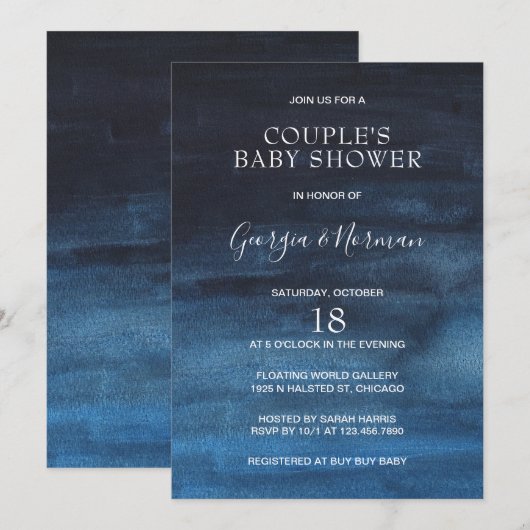 Modern Navy Blue Boy Couples Baby shower Kaart (Voorkant / Achterkant)