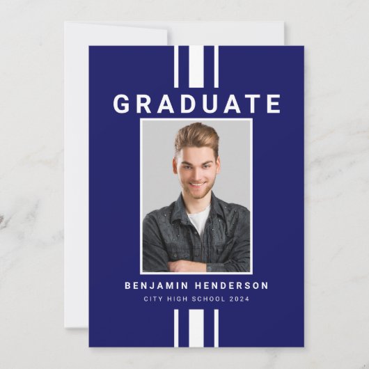Modern Navy Blue Boy Foto Afstuderen Aankondiging (Voorkant)