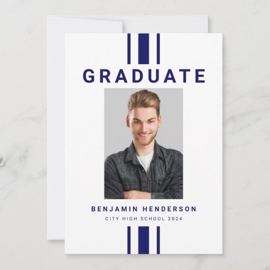 Modern Navy Blue Boy Foto Afstuderen Aankondiging (Voorkant)