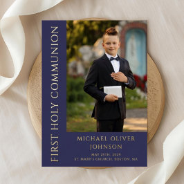 Modern Navy Blue Boy Foto eerste Heilige Communie Folie Uitnodiging