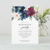 Modern Navy Blue Burgundy Floral Birthday Party Kaart (Staand voorkant)