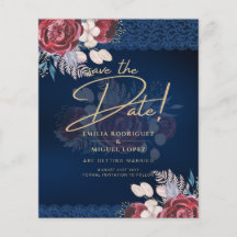 Modern Navy Blue Burgundy Floral Lace Wedding