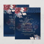 Modern Navy Blue Burgundy Floral Lace Wedding (Voorkant / Achterkant)