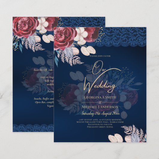 Modern Navy Blue Burgundy Floral Lace Wedding (Voorkant / Achterkant)