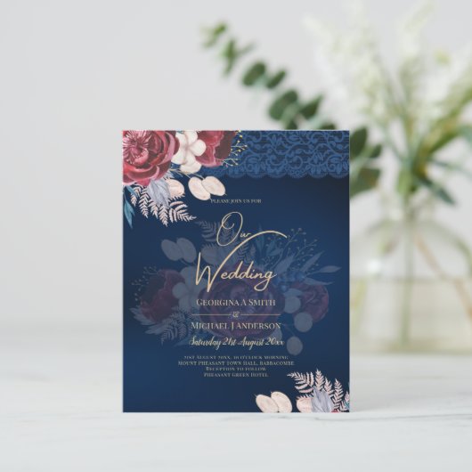 Modern Navy Blue Burgundy Floral Lace Wedding (Staand voorkant)