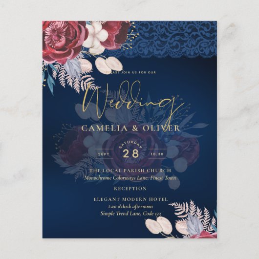 Modern Navy Blue Burgundy Floral Lace Wedding Flyer (Voorkant)