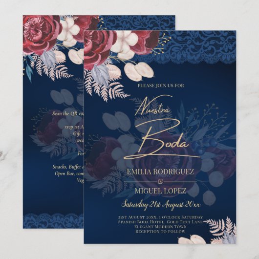 Modern Navy Blue Burgundy Floral Lace Wedding Kaart (Voorkant / Achterkant)