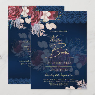 Modern Navy Blue Burgundy Floral Lace Wedding Kaart