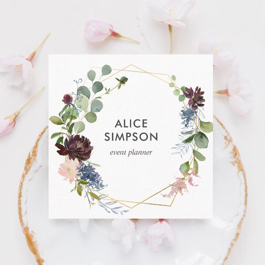Modern Navy Blue Burgundy Floral Vierkante Visitekaartje