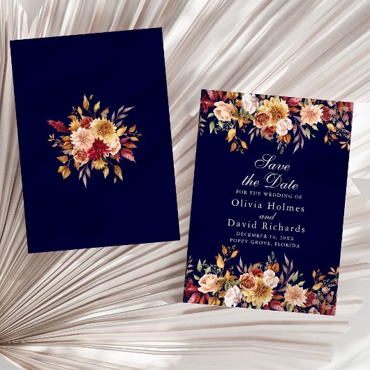 Modern Navy Blue Burnt Sinaasappel Wildflowers Wed Save The Date