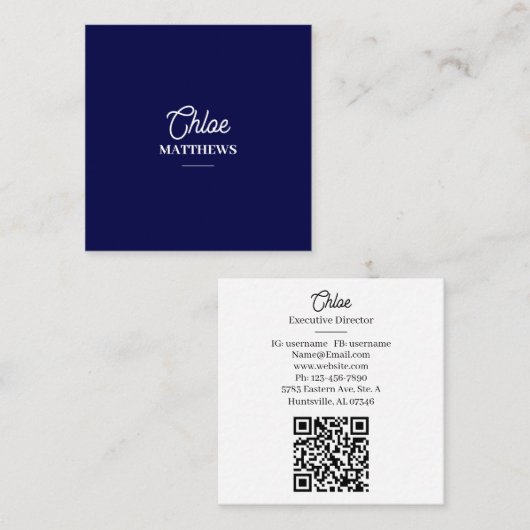 Modern Navy Blue Business Card with QR Code Vierkante Visitekaartje (Voorkant / Achterkant)