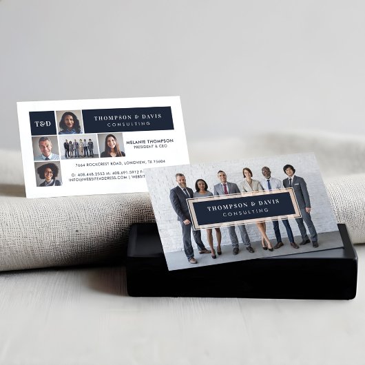 Modern Navy Blue Business Team Foto's Collage Grid Contactkaartje