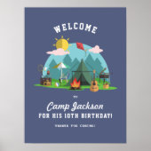 Modern Navy Blue Camping Verjaardagsfeest Welkom Poster (Voorkant)