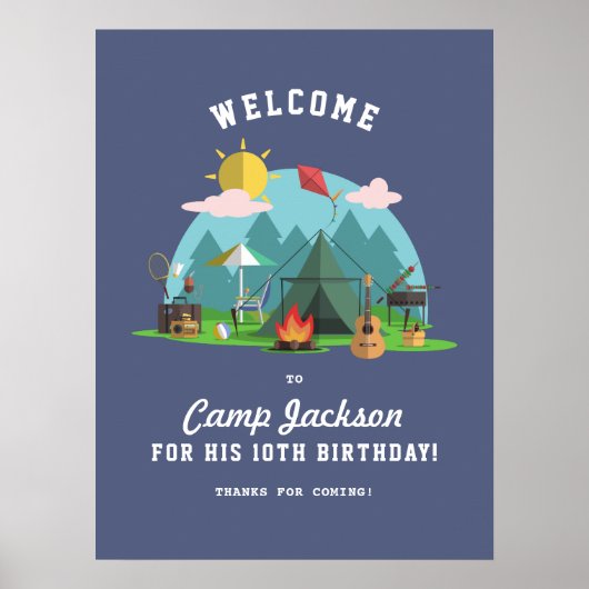 Modern Navy Blue Camping Verjaardagsfeest Welkom Poster (Voorkant)