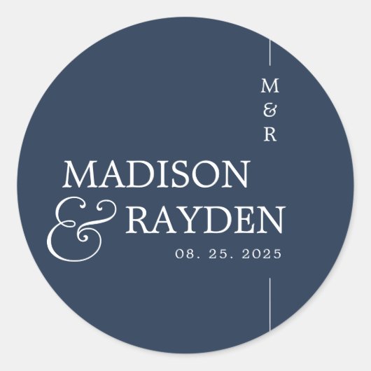 Modern Navy Blue Chic Monogram Bruiloft Dank u Ronde Sticker (Voorkant)