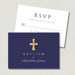 Modern Navy Blue Cross Boy Baptisme RSVP Kaartje