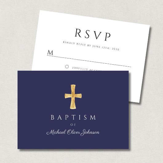 Modern Navy Blue Cross Boy Baptisme RSVP Kaartje