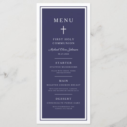 Modern Navy Blue Cross Boy First Communion Menu (Voorkant)
