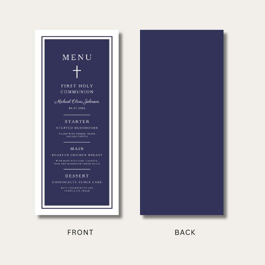 Modern Navy Blue Cross Boy First Communion Menu