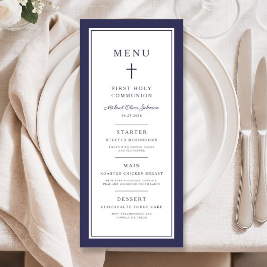 Modern Navy Blue Cross Boy First Communion Menu