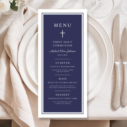 Modern Navy Blue Cross Boy First Communion Menu