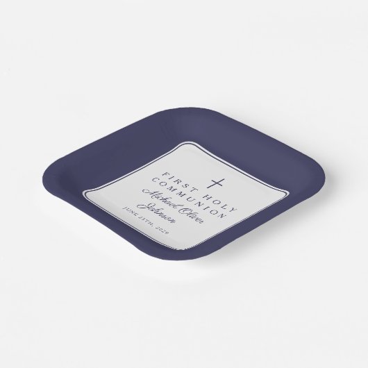 Modern Navy Blue Cross Boy First Communion Papieren Bordje (Gebogen)