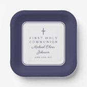 Modern Navy Blue Cross Boy First Communion Papieren Bordje (Voorkant)