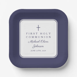 Modern Navy Blue Cross Boy First Communion Papieren Bordje