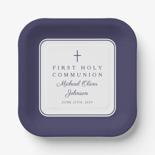 Modern Navy Blue Cross Boy First Communion Papieren Bordje (Voorkant)