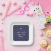 Modern Navy Blue Cross Boy First Communion Papieren Bordje (Feest)