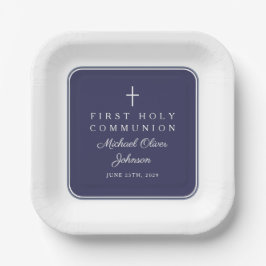 Modern Navy Blue Cross Boy First Communion Papieren Bordje