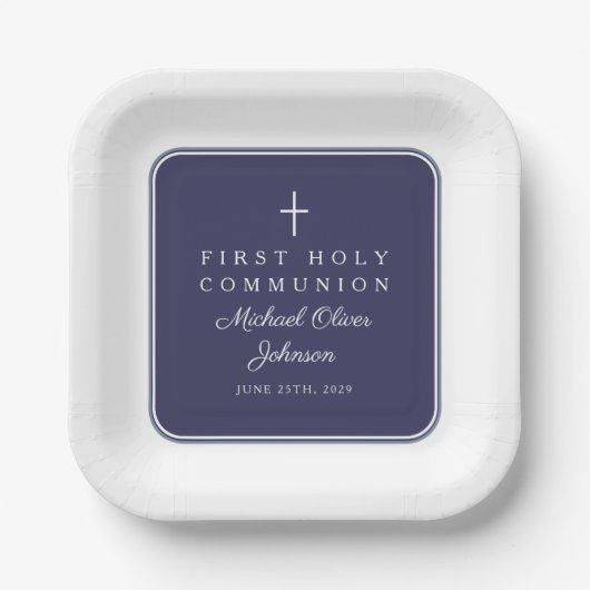 Modern Navy Blue Cross Boy First Communion Papieren Bordje (Voorkant)