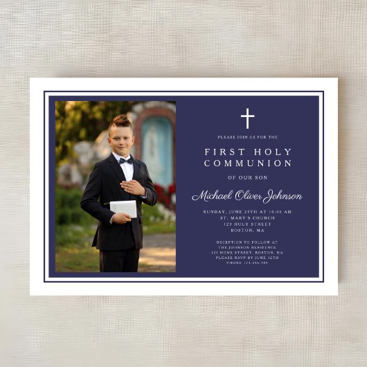 Modern Navy Blue Cross Boy Photo First Communion Kaart