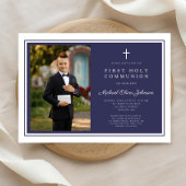 Modern Navy Blue Cross Boy Photo First Communion Kaart