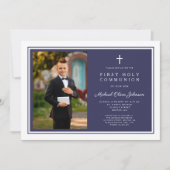 Modern Navy Blue Cross Boy Photo First Communion Kaart (Voorkant)