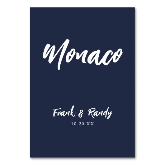 Modern Navy Blue Custom Wedding Table Name Kaart (Voorkant)