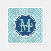 Modern Navy Blue en Aqua Quatrefoil Monogram Servet (Voorkant)