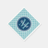 Modern Navy Blue en Aqua Quatrefoil Monogram Servet (Hoek)