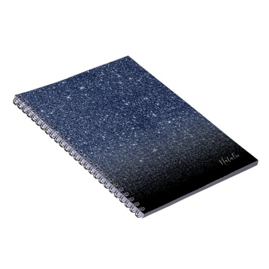 Modern Navy Blue en Black Ombre Glitter met naam Notitieboek (Rechterzijde)