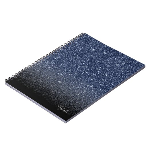 Modern Navy Blue en Black Ombre Glitter met naam Notitieboek (Linkerzijde)