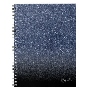 Modern Navy Blue en Black Ombre Glitter met naam Notitieboek