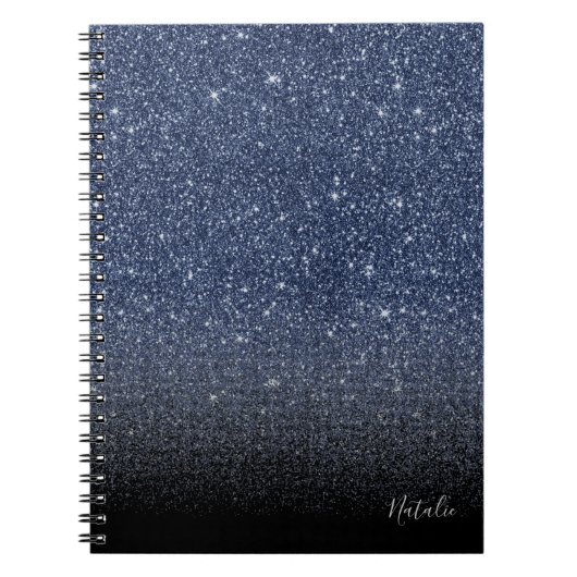 Modern Navy Blue en Black Ombre Glitter met naam Notitieboek (Voorkant)