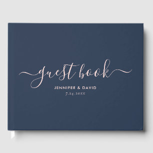 Modern Navy Blue en Blush Script Wedding Gastenboek